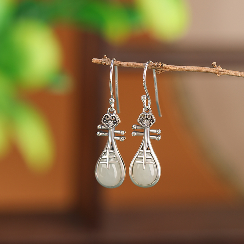 Bông tai bạc S925 đính ngọc bích Hetian phong cách quốc gia — Một cặp
