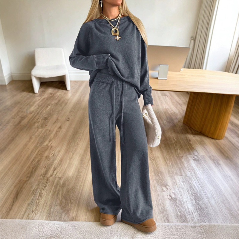European and American cross-border 2026 autumn and winter sweater solid color set, loose long-sleeve women's wide-leg pants, fashionable casual two-piece set European and American cross-border 2026 autumn and winter sweater solid color set, loose long-sleeve women's wide-leg pants, fashionable casual two-piece set