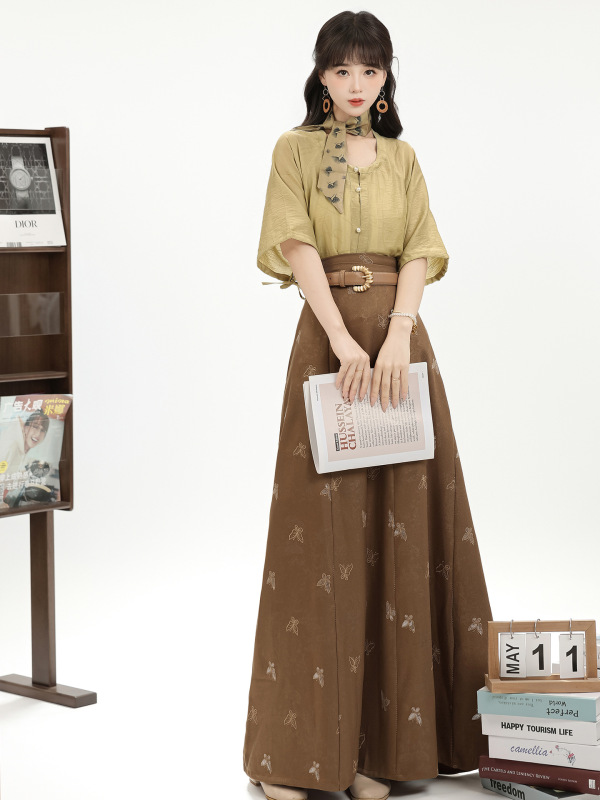 [Yuetang] オリジナル漢服女性改良日常通勤刺繍八破スカート国民風ラウンドネックダブルブレスト夏新中国風|undefined