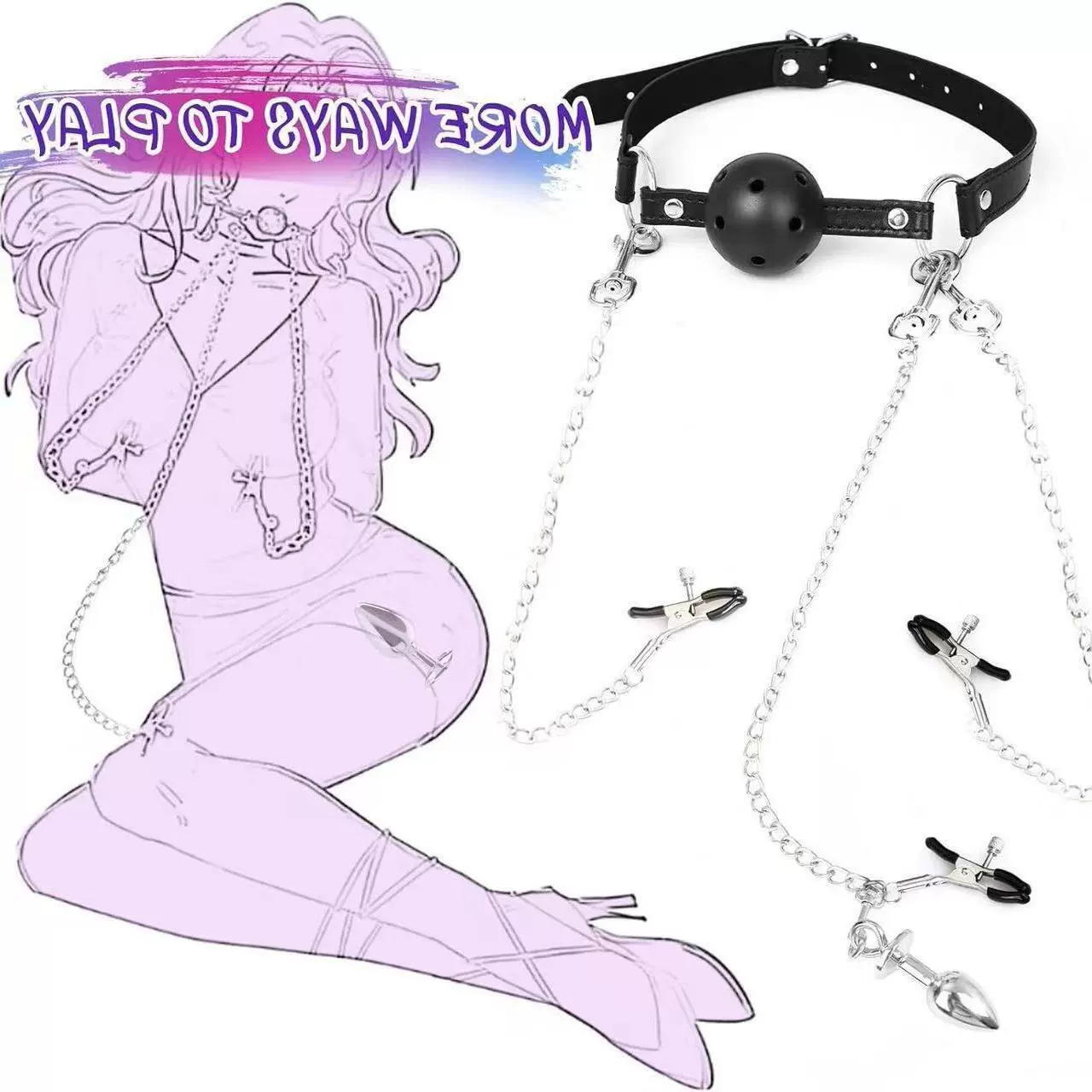Набор для связывания с Ball Gag, анал plugs из нержавеющей стали и зажимы для сосков, регулируемая лямка