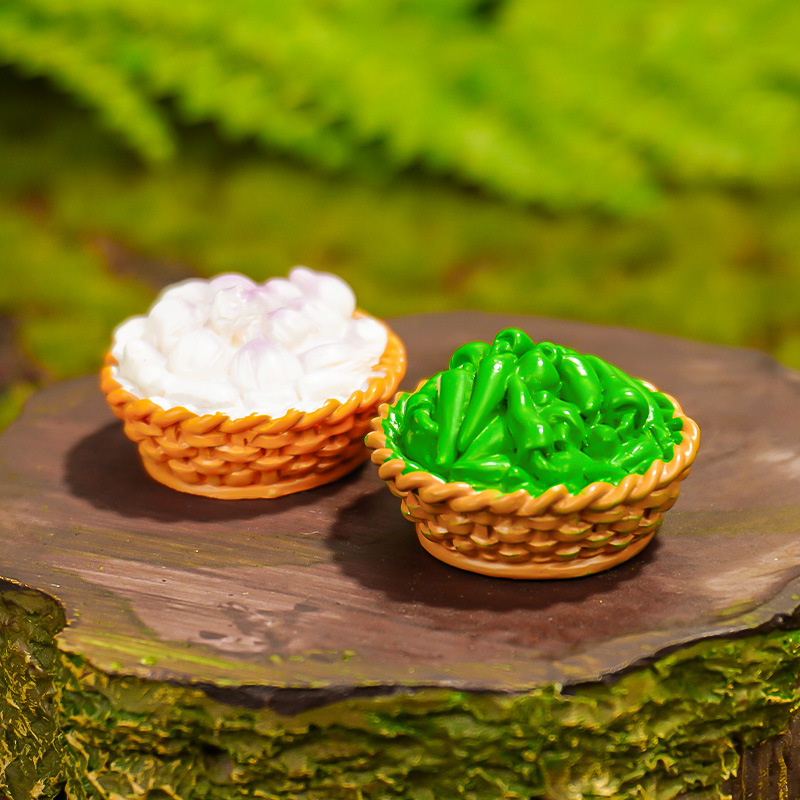 Accesorios de paisaje Pajar Cubo de madera Pimiento Ajo Micro vino Tazón Cesta de bambú Bollos al vapor Decoración de resina Artesanía