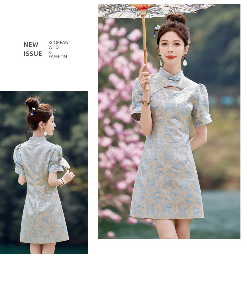 Váy maxi nữ phong cách Trung Quốc mới, cổ đứng cúc bọc, dáng dài vừa phải, thanh lịch thời trang — Màu xanh lam, Màu hồng chi tiết 26