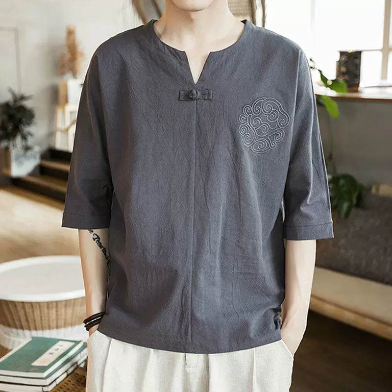 Футболка с короткими рукавами с вышивкой Tang мужской плюс толстый плюс большой размер тенденция толстяк свободный V-образный вырез с половиной рукава ретро летний китайский стиль