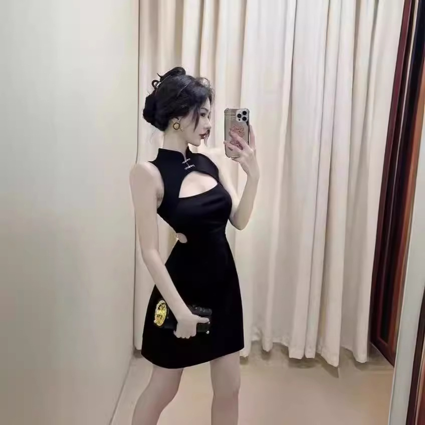 夏季复古黑色少女年轻短款新中式旗袍改良主播连衣裙修身中国风
