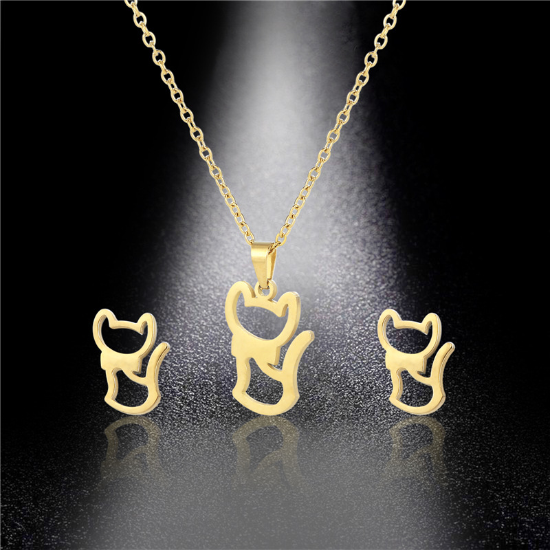 fashion kitten titanium steel necklace earrings gold-plated set