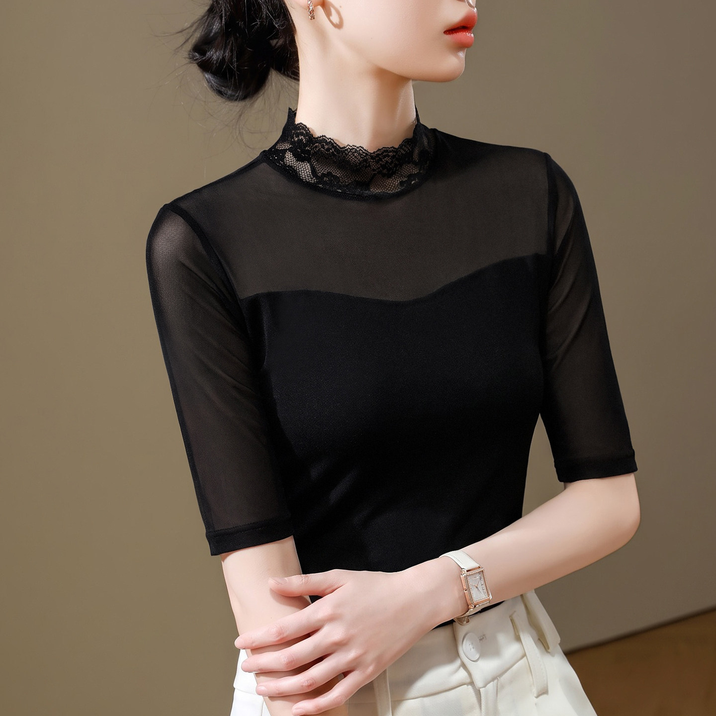 2026新款半高领中袖t恤女秋季蕾丝立领七分袖高端网纱打底衫货源