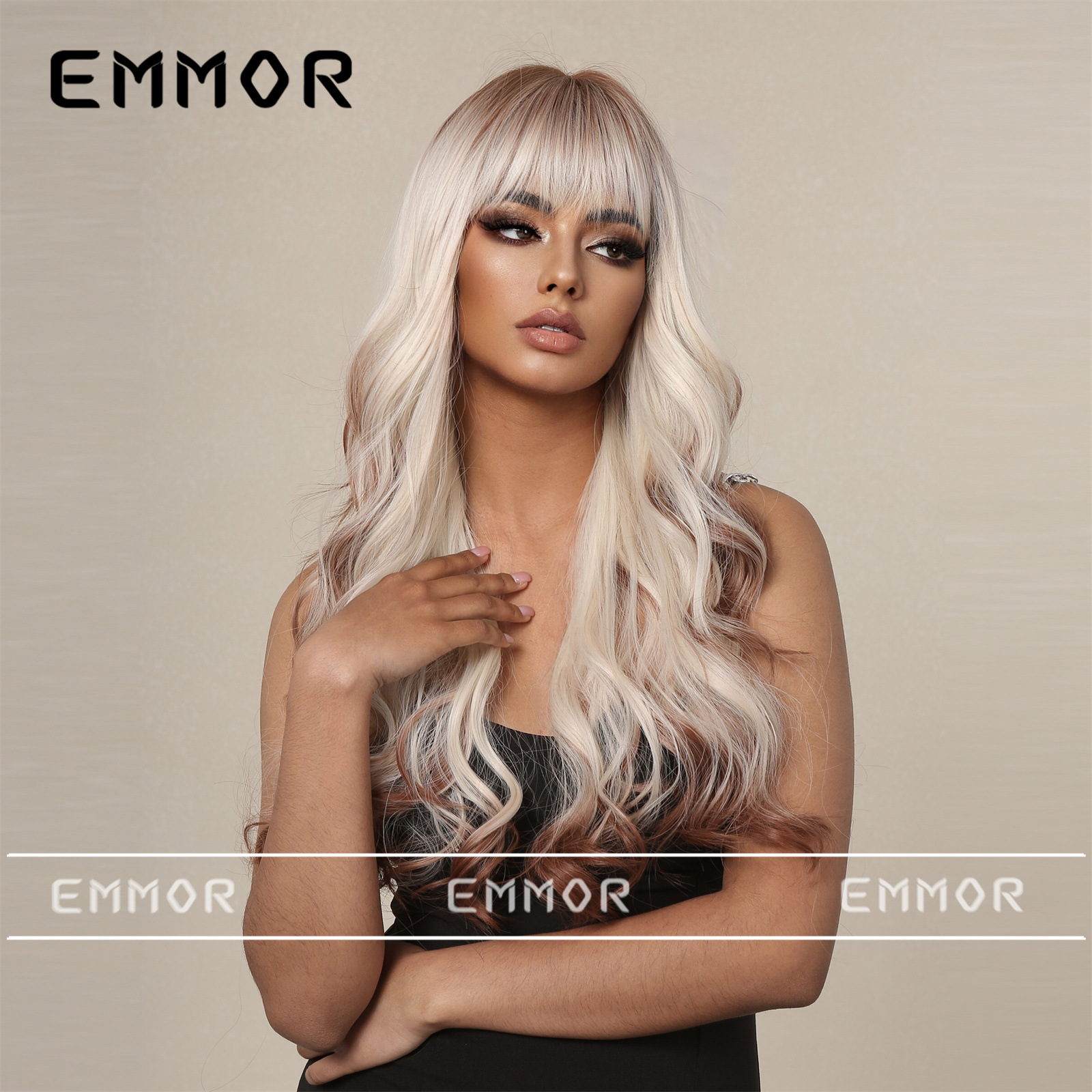 Europa y América nueva peluca femenina recta Bangs platino gradiente chocolate moda pelo Color onda grande Peluca de pelo rizado