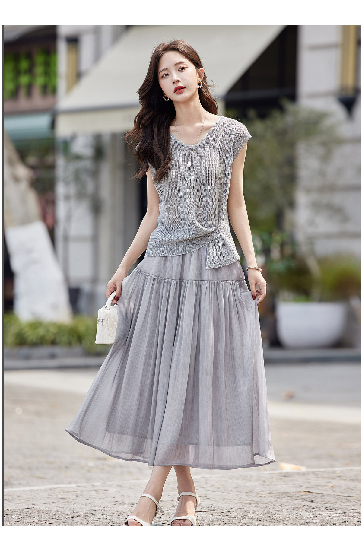 Áo thun cổ tròn tay ngắn phối chân váy midi hai dây đồng bộ nữ — màu tím, màu xám chi tiết 20