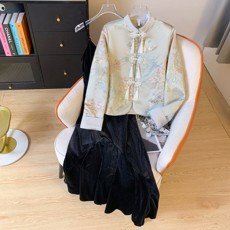 Фото нового костюма-юбки в стиле шинуазри ретро 2025 года, женской одежды в стиле шинуазри Zen, элегантного и изысканного женского костюма из двух предметов класса люкс.
