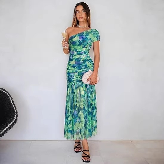 Women's One-Shoulder Floral Long Dress, Summer Sleeveless Ruched Elegant Slim-Fit Mesh Wedding Guest Dress