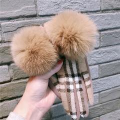 New Korean version, touch screen five-finger cashmere embroidery, plaid fox fur ball thickened gloves, new autumn and winter style