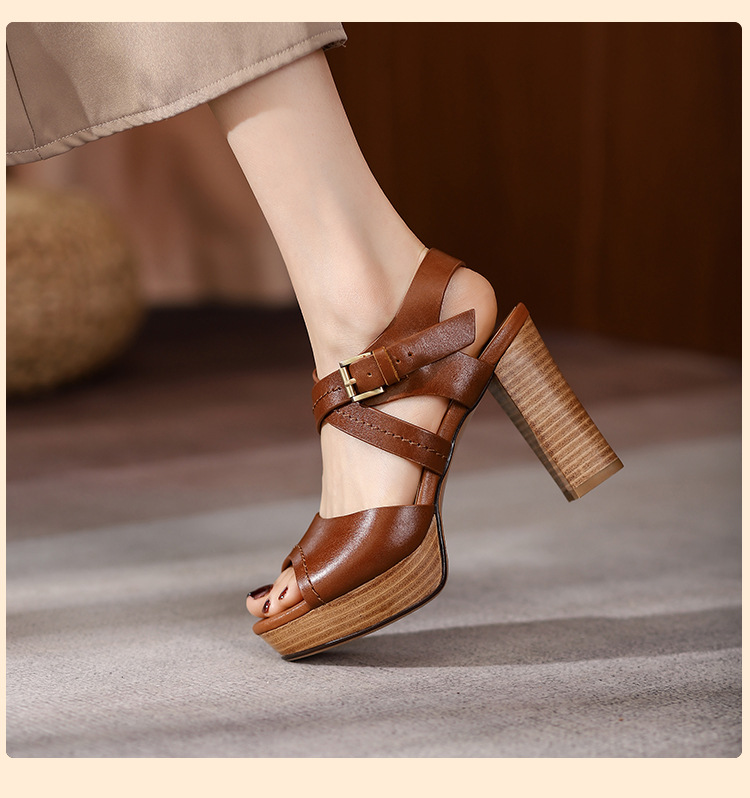 Sandal nữ mũi nhọn gót thô đế dày kiểu La Mã — Màu nâu chi tiết 6