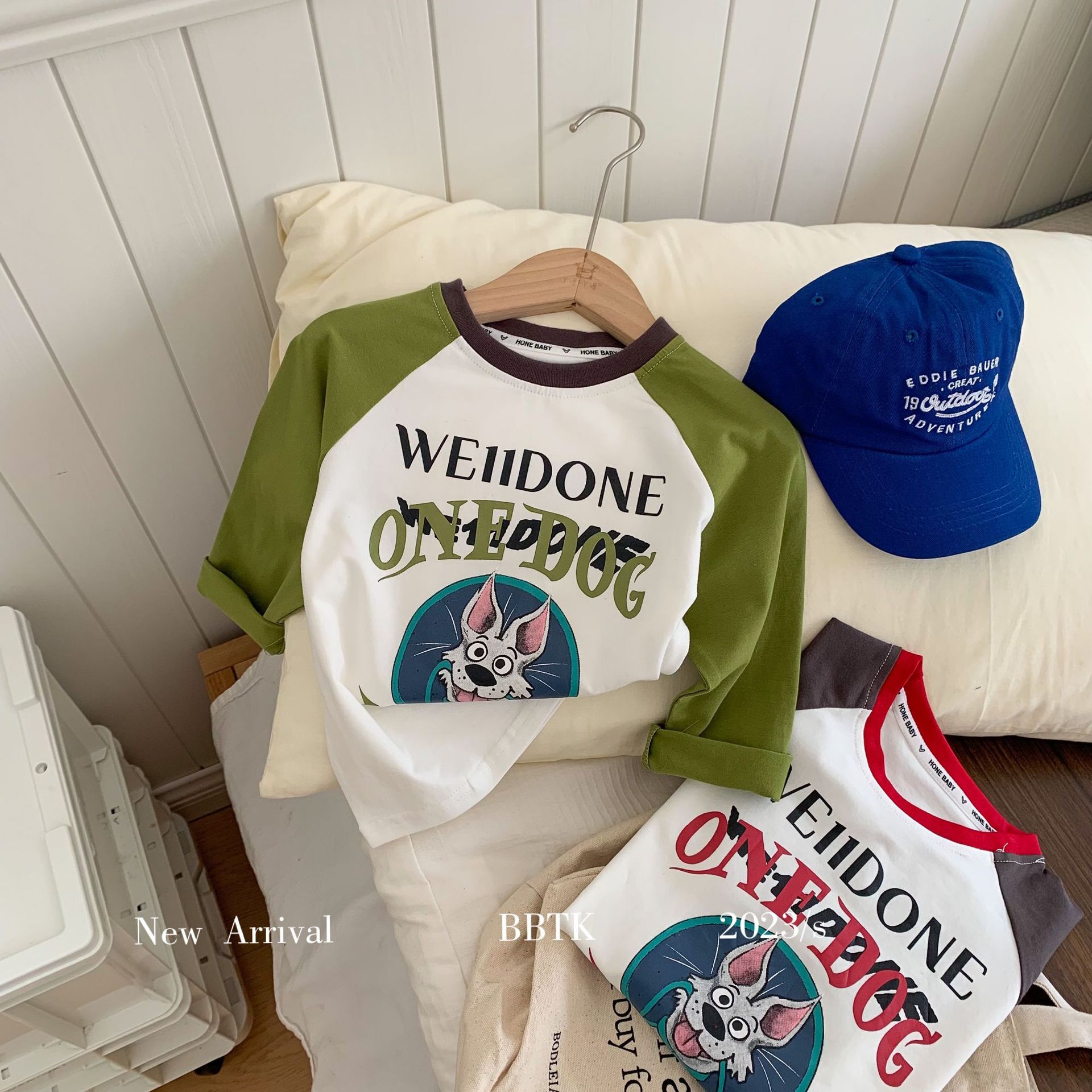 Children's T-shirt 2024 Bangcheng Spring New Product Contrast Color Cartoon Raglan Sleeve T-shirt Loose Top for Boys and Girls C0255