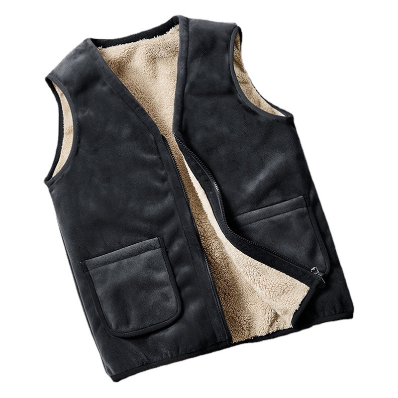 Los papás de mediana edad y ancianos usan terciopelo de zorro plateado con cuello en V, terciopelo de cordero grueso, ropa exterior, color sólido casual de todo fósforo, múltiples bolsas, calidez