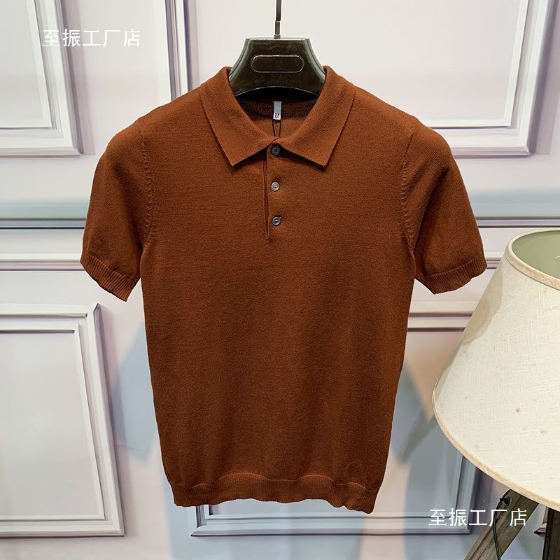 Camiseta de hombre de manga corta de punto de verano Camiseta de solapa de trabajo de color sólido delgado de estilo coreano Camiseta elástica delgada de moda al por mayor