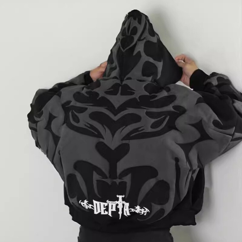 Y2K Cross-Border European and American Dark Gothic Print Zipper Hoodie for Men and Women, New Autumn and Winter Warm Wholesale