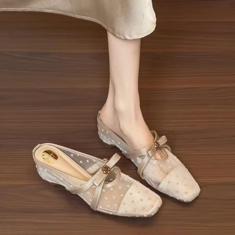 French-Style 5cm Height-Increasing New Square-Toe Mesh Sandals for Women with Bow, Comfortable Closed-Toe Slippers French-Style 5cm Height-Increasing New Square-Toe Mesh Sandals for Women with Bow, Comfortable Closed-Toe Slippers