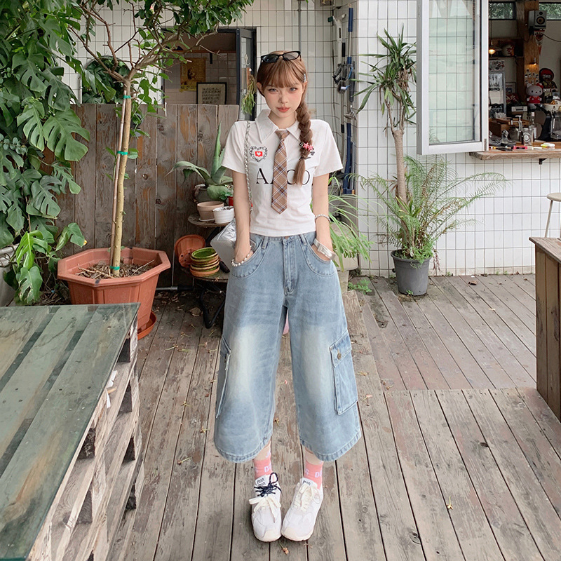 Yc&2-Color American Retro High-Waisted Cropped Pants High Street Cargo Pants Wide-Leg Pants Summer Versatile Straight Jeans for Women