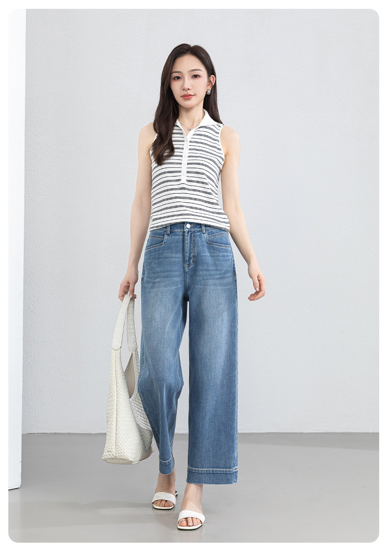 Quần tây nữ ống đứng cạp cao co giãn vải Lyocell denim dáng suông — xanh lam chi tiết 23