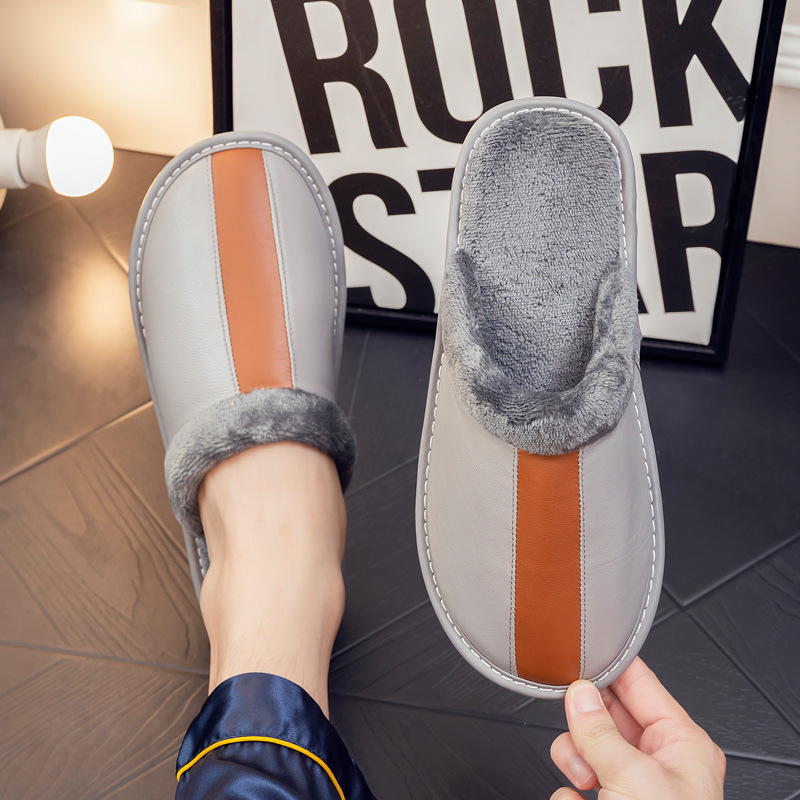 A Family of Three Genuine Leather Slippers Men's Children's Cotton Slippers Autumn and Winter Women's Home Indoor Non-slip Warm Household Baby