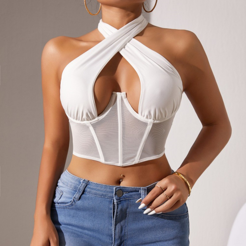 Cross-Border Tops Mesh Splicing Hot Girl Sexy Vest Cross Strap Halter Neck Fishbone Bra Women Wholesale Exposed Waist