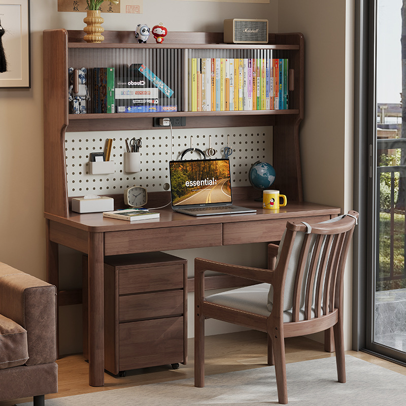 Desktop Computer Desk for Bedroom, Home-Use Study Desk with Integrated Bookshelf, Wall-Mounted Study Table, Practical Wooden Desk with Socket and Pegboard