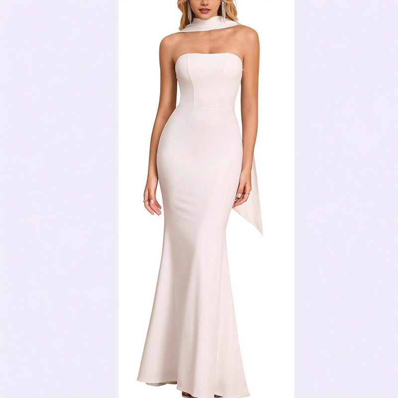 2026 Tight-Fitting Formal Wedding Guest Long Dress with Scarf, Strapless Elegant Cocktail Dress