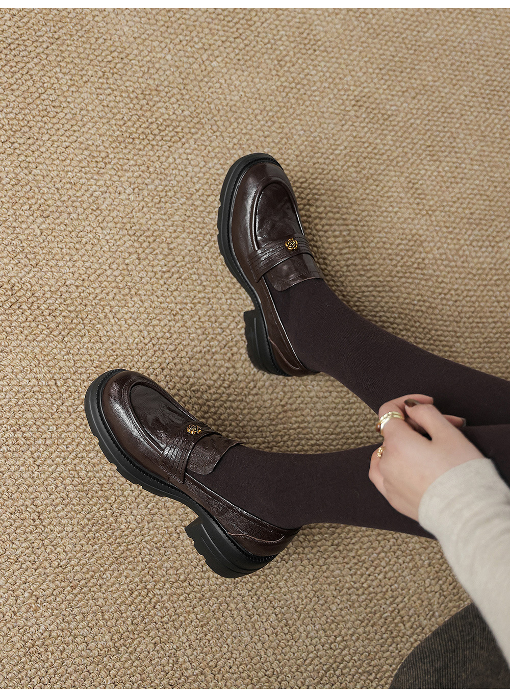 Giày loafer nữ mũi tròn gót vuông dày đế cao 6 cm da cừu — màu nâu chi tiết 21