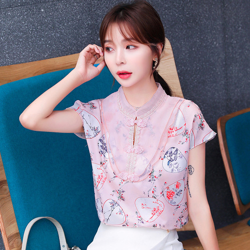 Chinese qipao tops blouses for women Printed pure silk shirt dress retro cheongsam blouses organza collar short sleeve shirts