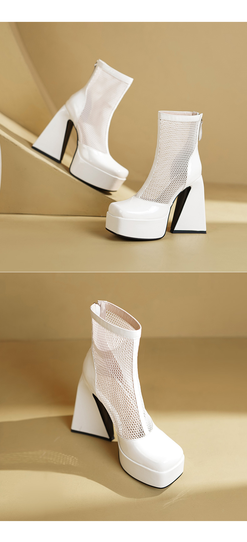 Boot nữ cổ thấp mũi vuông gót thô cao 9 cm, phong cách vintage, đế platform thoáng khí — màu đen, màu trắng ngà chi tiết 10