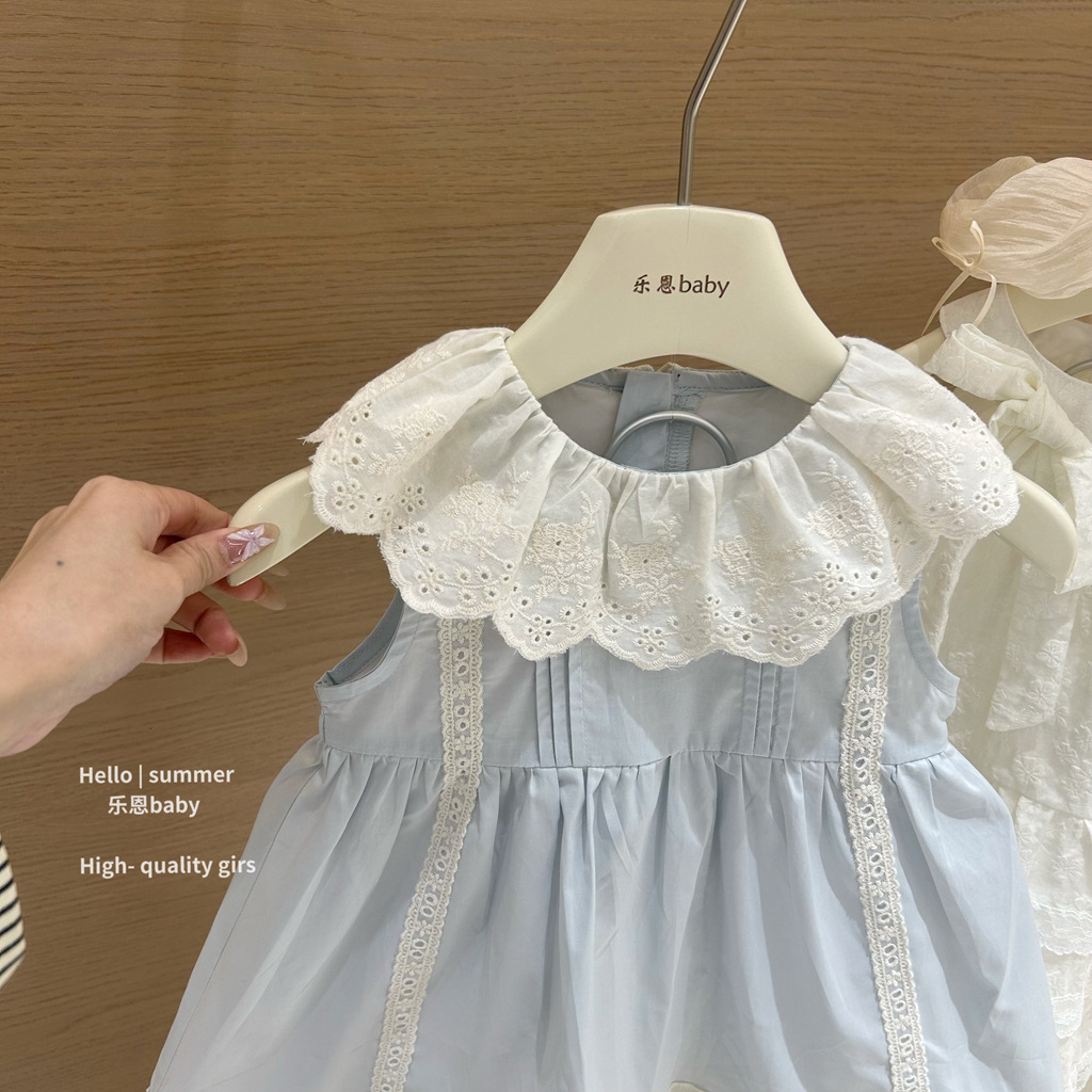 [Lenbaby] verano 2025 niñas vestido de muñeca de cuello de encaje azul vestido de princesa de bebé