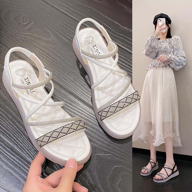Women's fairy style sandals 2024 Summer new online celebrity ins fashion buckle rhinestone student fashion matching skirt sandals