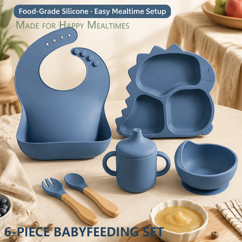 Cross-border baby dinner plate dinosaur tableware six-piece set children's supplies food bowl silicone spoon baby food feeding set