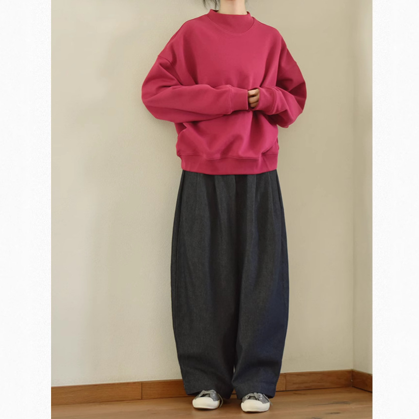 Cotton Terry Half-High Collar Sweatshirt for Women 2025 Spring New Casual Loose Artistic White Terry Cotton Women's Sweatshirt Top