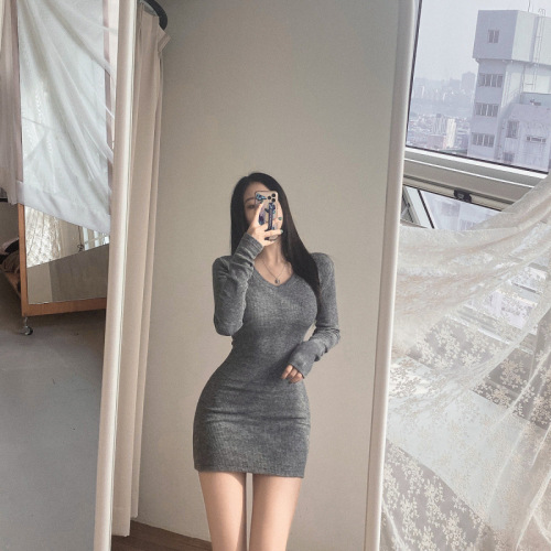 Threaded Pit Bar, Versatile V-Neck Women's Spring and Autumn Elegant Long Sleeve Top, Slip Dress