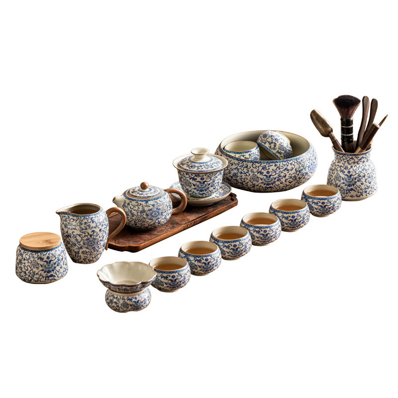 汝窯工夫茶道具青花の枝蓮ティーポット主人杯公道杯茶葉缶陶磁器蓋碗セット|undefined