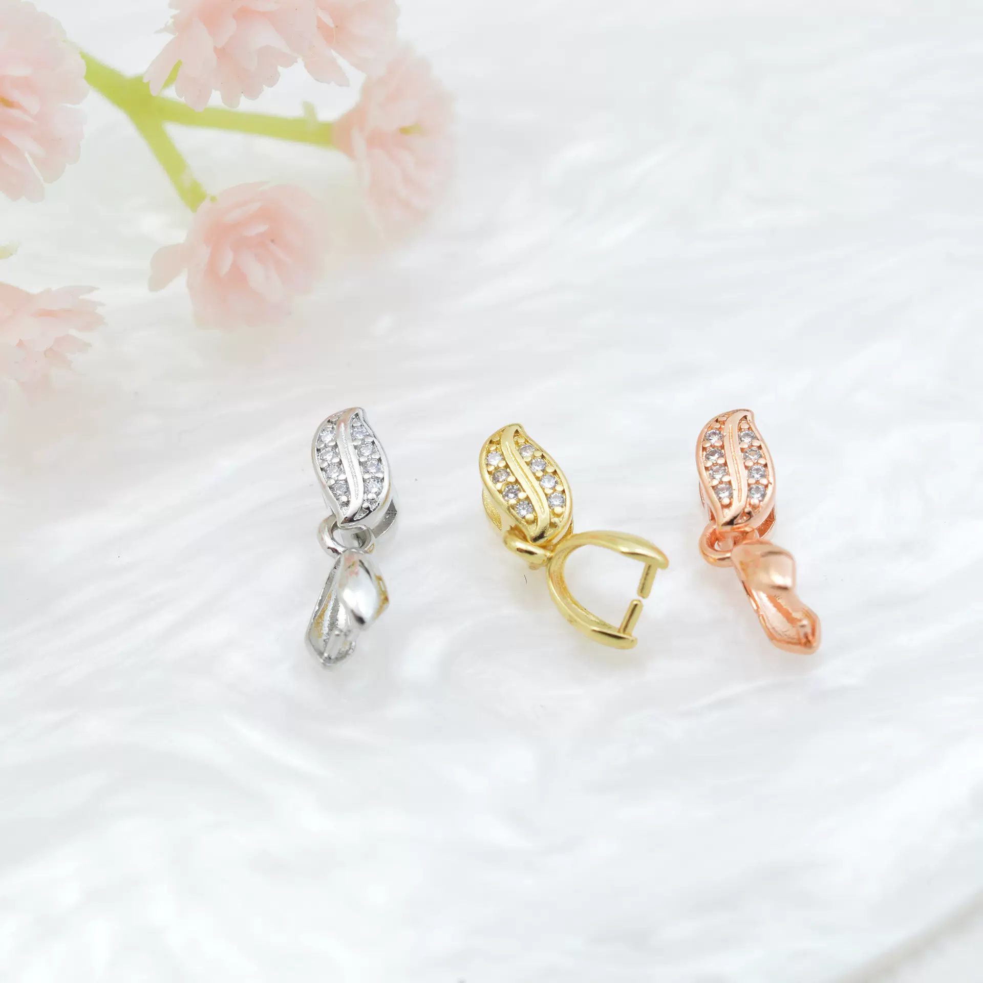 DIY饰品配件 纯铜微镶树叶吊坠扣 珍珠项链吊坠瓜子扣 保色电镀