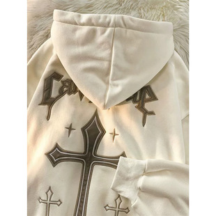 Silver Fox Velvet Japanese Style Retro Cross Printed Hooded Sweatshirt Couple Wear ins Versatile Trendyy Autumn and Winter Outwear for Men