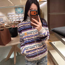 高版本驴家 立领彩色条纹撞色绞花针织拉链外套羊毛男女毛衣开衫