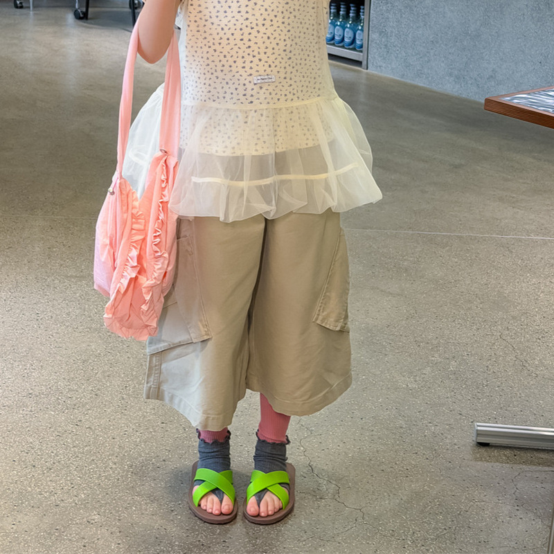 Floral and Xun Girls' Cropped Pants 2026 Summer New Korean Style Patch Pocket Workwear Cropped Pants Versatile Wide-Leg Pants