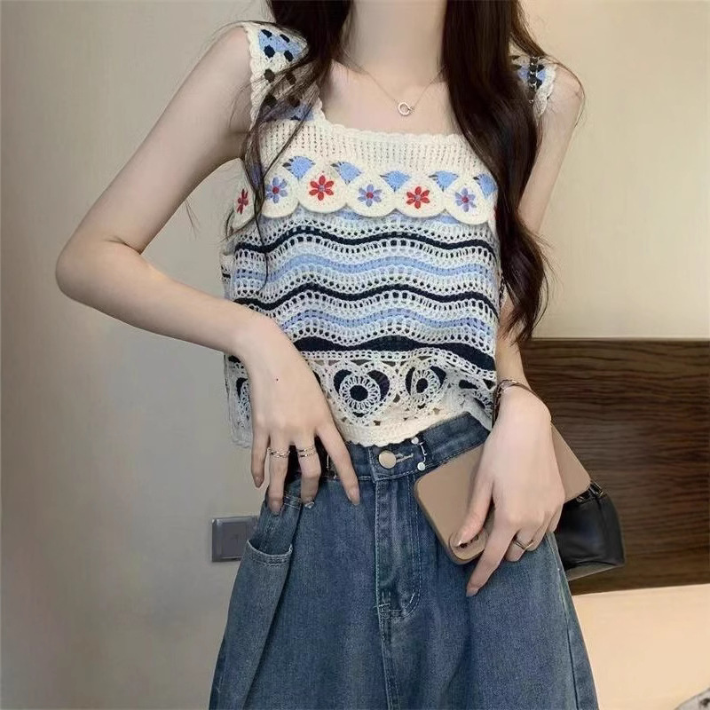 French Vintage Small Camisole Hollow Crochet Ethnic Style Knitted Vest Women's Summer Seaside Vacation Outer Wear Top