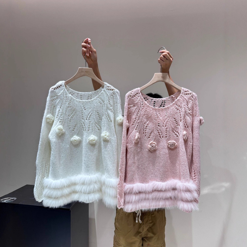 韩系温柔花朵镂空针织毛衣开衫女春秋新款狐狸毛皮草外套宽松上衣|undefined