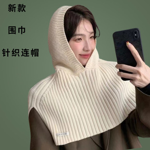 Cross-border autumn and winter solid color scarf knitted hooded square windproof shawl outdoor street fashion windproof warm pullover cap