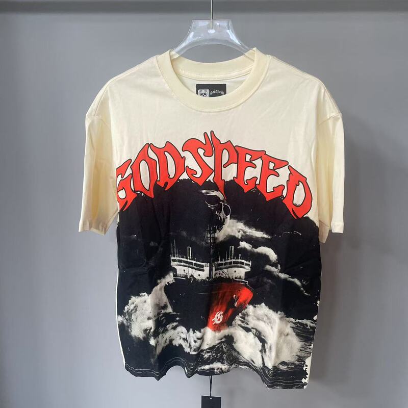 Cross-Border American Fashion Godspeed American Short-Sleeved T-Shirt Printed Cruise Ship Heavy Breathable Casual Round Neck Same Style for Men and Women