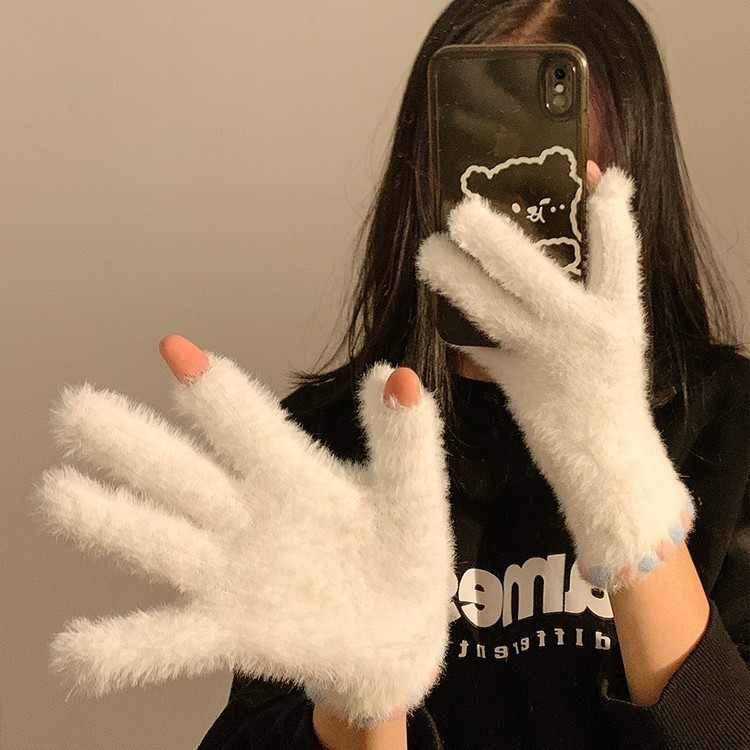 手套女士冬季保暖可爱糖豆露指触屏毛绒五指加绒加厚骑行骑车学生|undefined