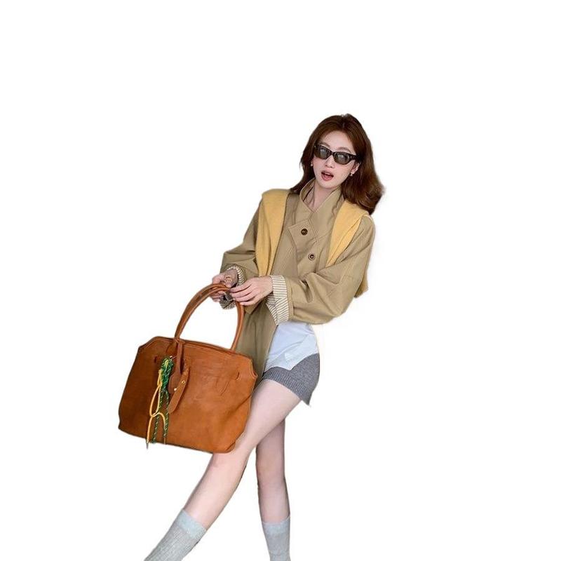 都市浪漫~英伦风垂感宽松显瘦风衣外套女小个子休闲大衣卡其色|undefined