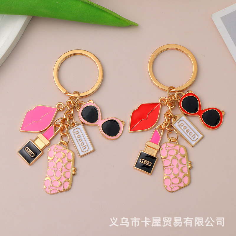 Cross-Border Fashion Enamel Craft Kiss Lipstick Glasses Keychain Versatile Design Bag Pendant Car Accessories Cross-Border Fashion Enamel Craft Kiss Lipstick Glasses Keychain Versatile Design Bag Pendant Car Accessories