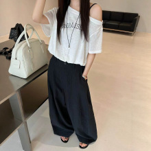 四季青漂依女装夏新款a.米慵懒风宽松百搭露肩短袖T恤女清新风