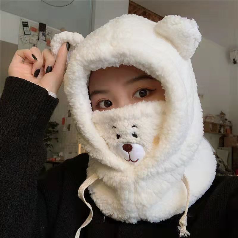 クマの帽子とスカーフオールインワン女性の秋と冬かわいい学生サイクリングぬいぐるみ暖かい耳保護フード付きマスクスカーフ|undefined