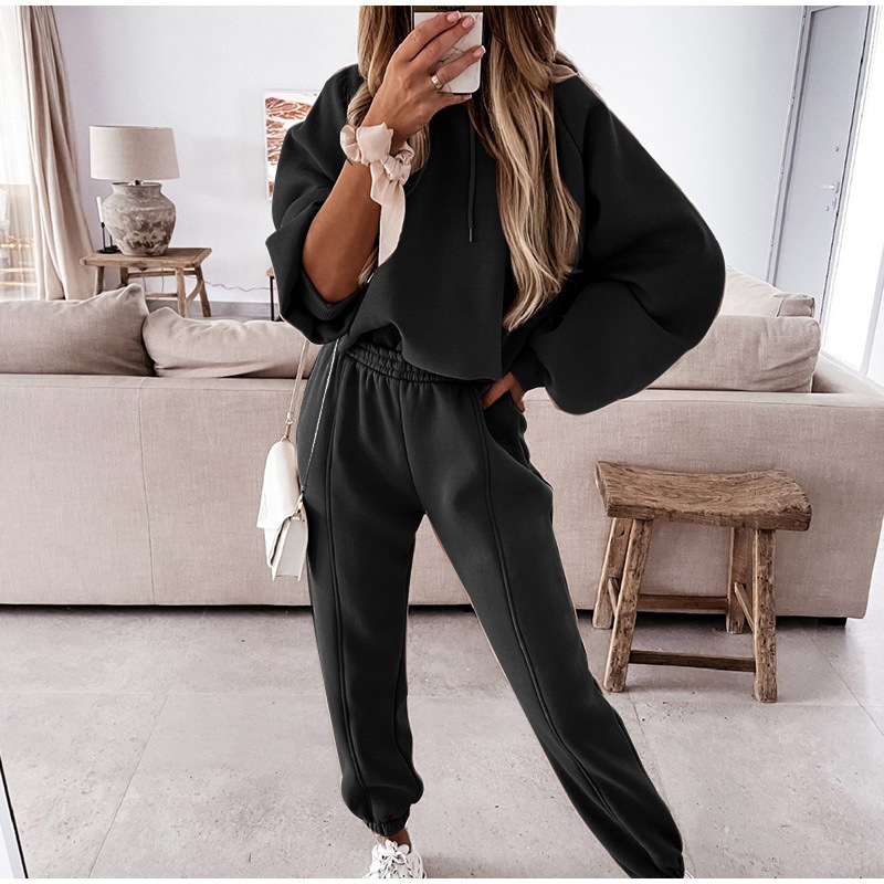 2 Pieces Set Quantity Street Occasion Hooded Neckline Women's Casual Solid Color Cotton Blend Spandex Contrast Binding Pants Sets